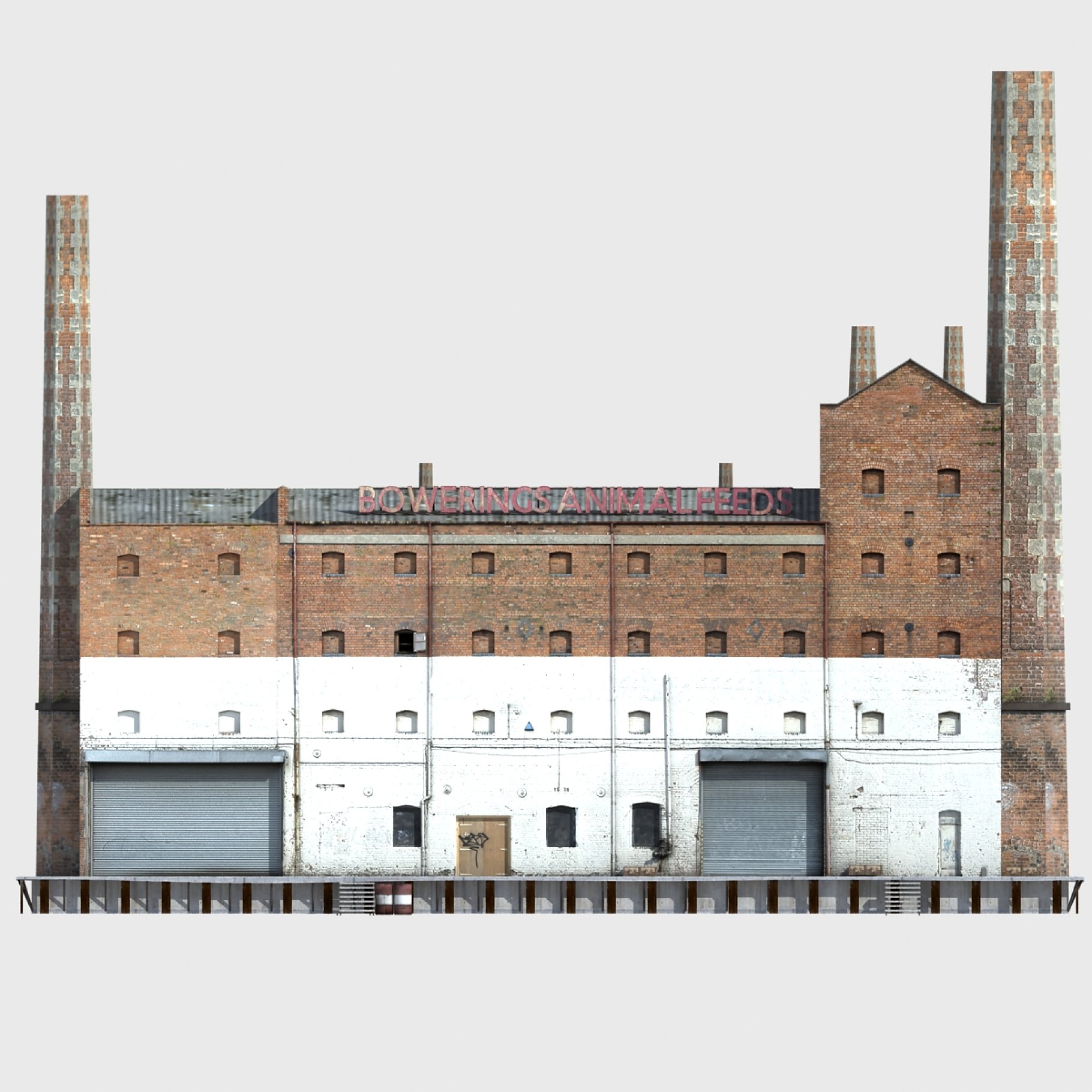 Abandoned old factory front mockup on a gray background.