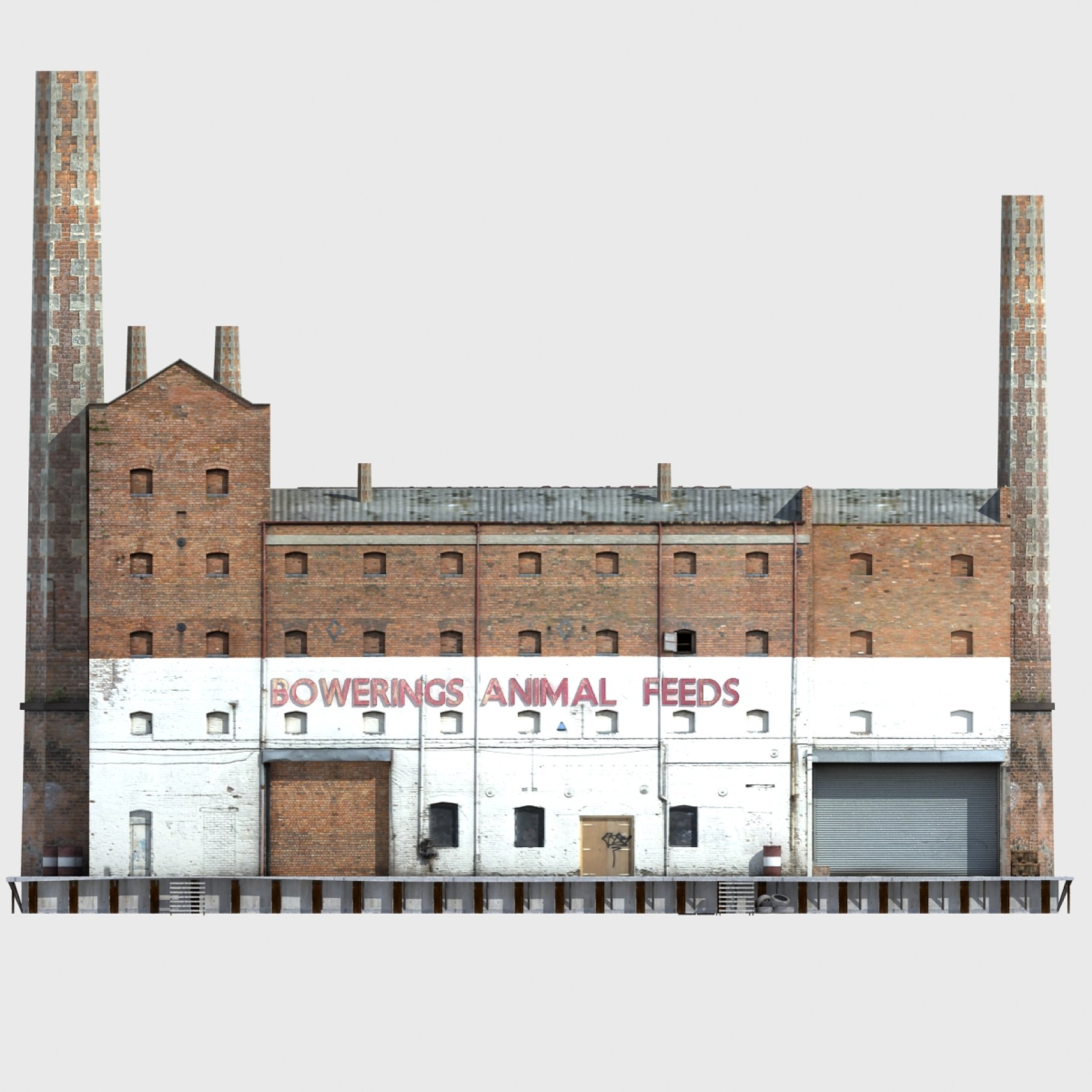 Mockup of abandoned old factory with name in the centre.