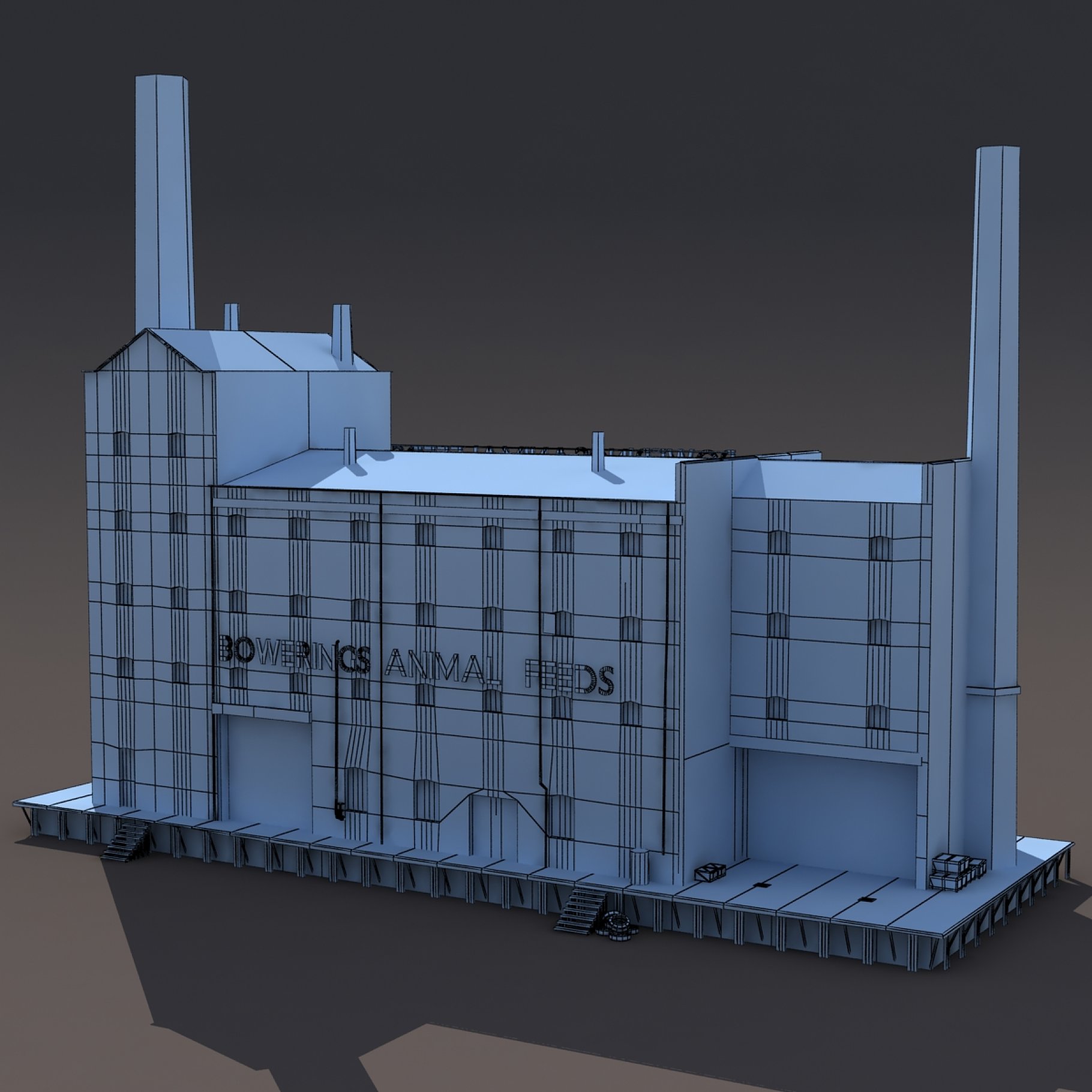 Front left mockup of abandoned old factory in blue.