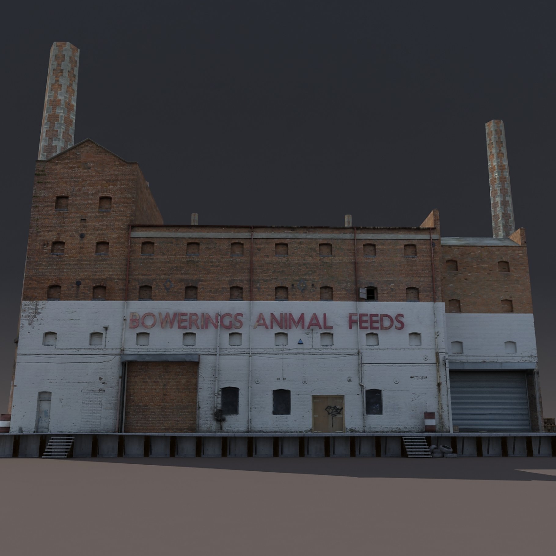 Front mockup of abandoned old factory with pink lettering.