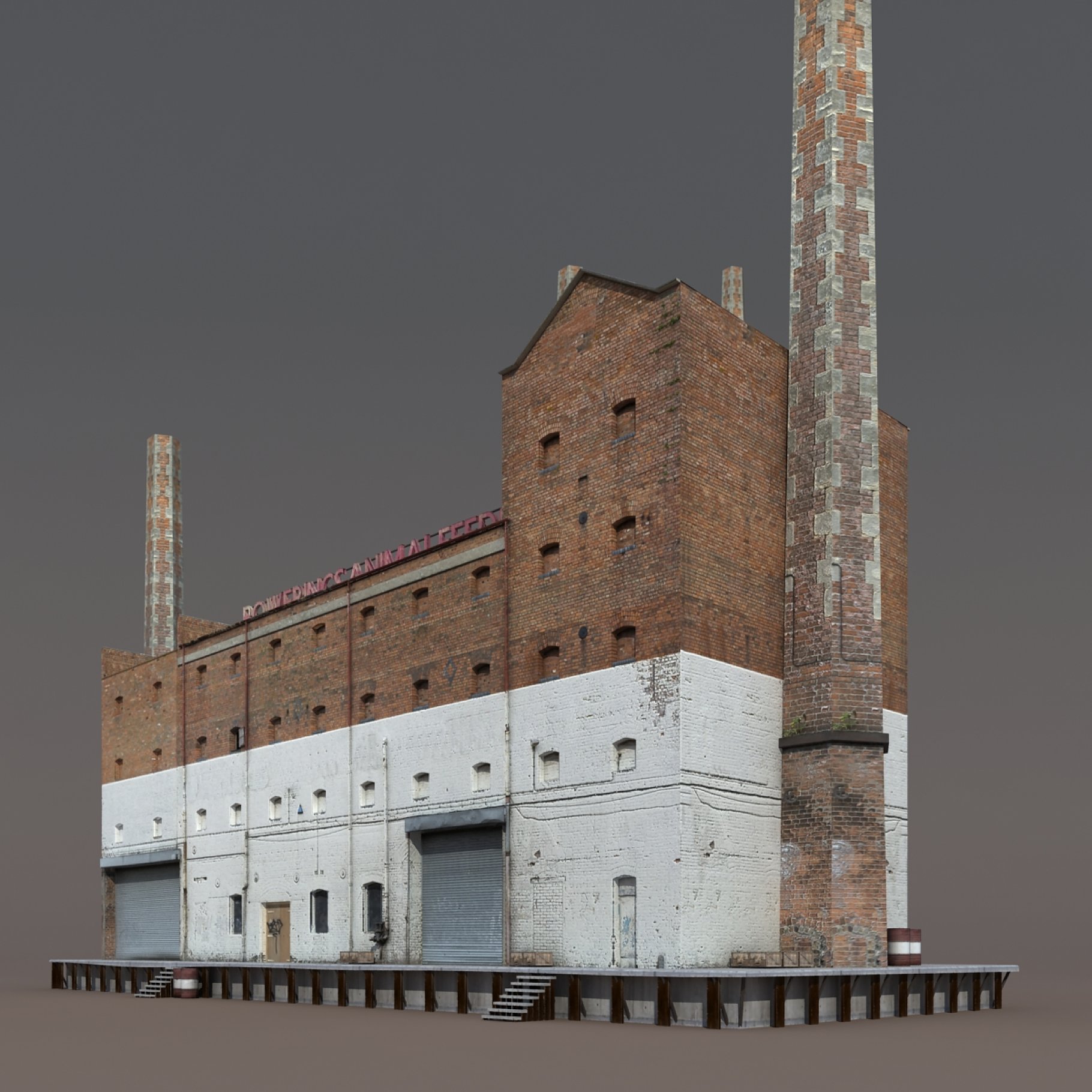 Mockup of abandoned old factory from below.