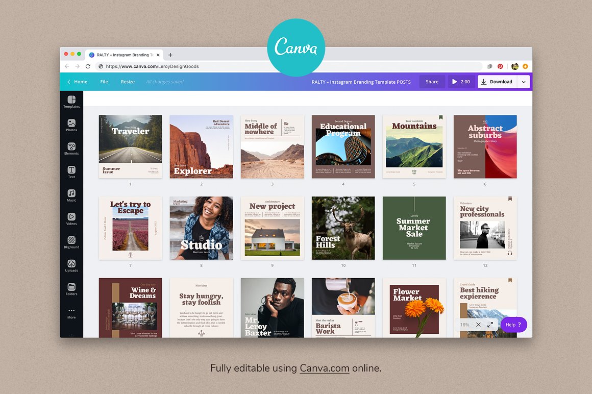 Preview of Canva page with ralty Instagram templates on a gray background.