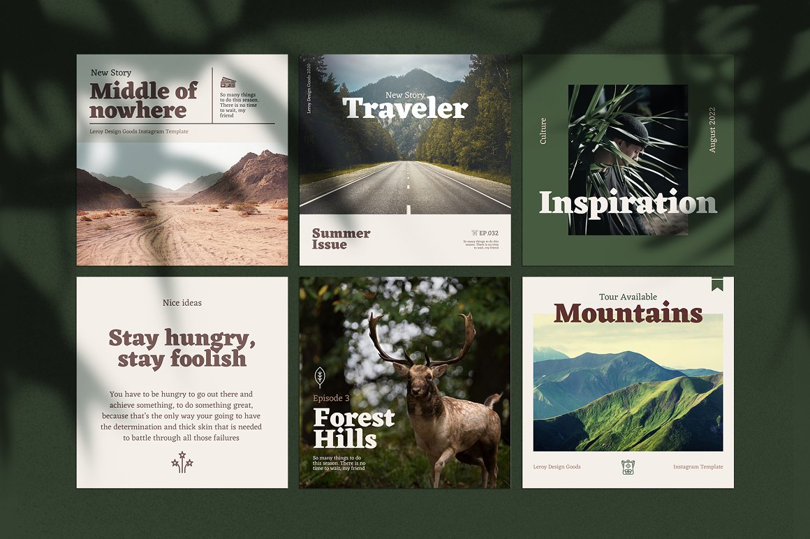 6 different ralty Instagram post templates on a dark green background.