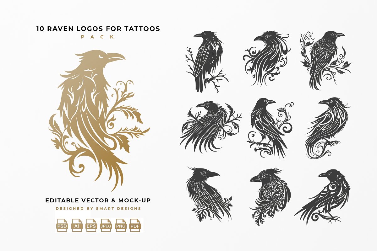 Cover image of Raven Logos for Tattoos Pack x10.