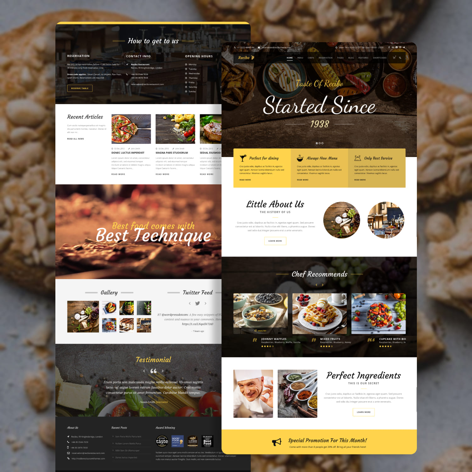 A pack of elegant pages of a restaurant-themed WordPress template.