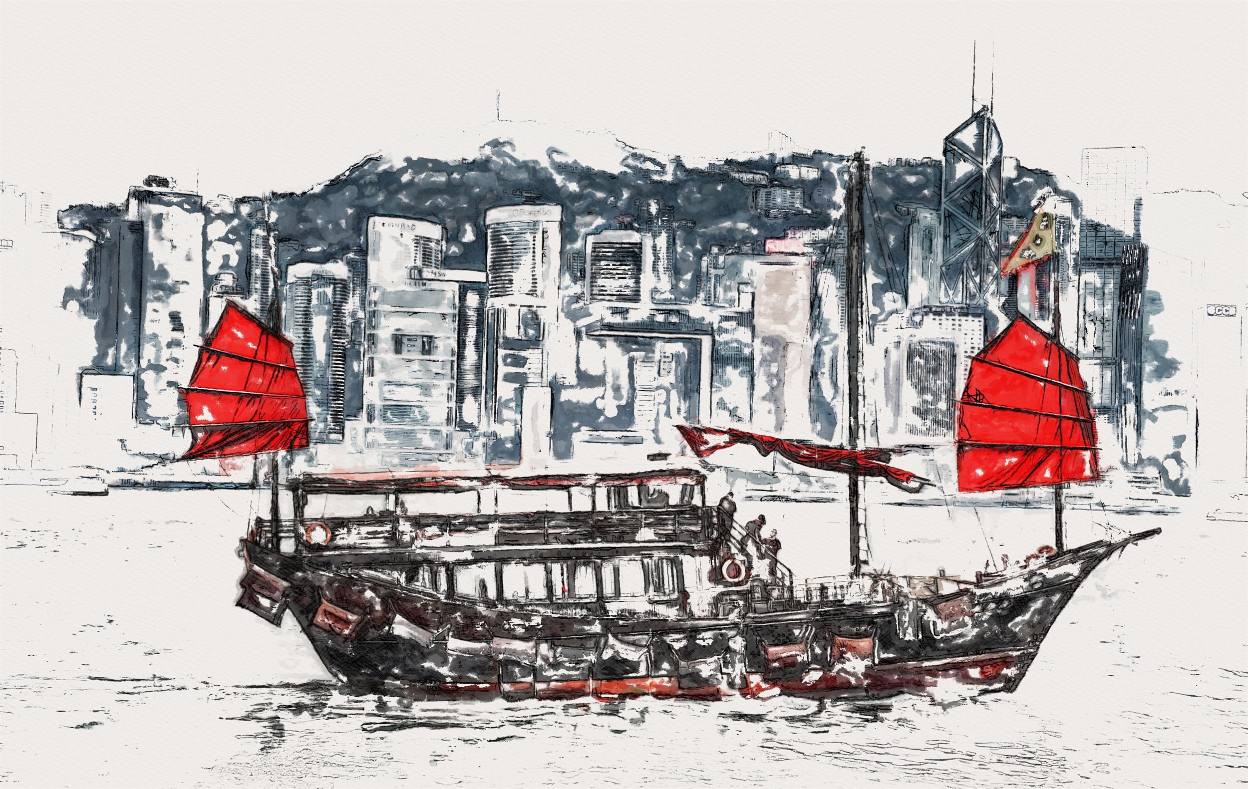 Watercolor Sketch Photo Effect - red and black boat image example.