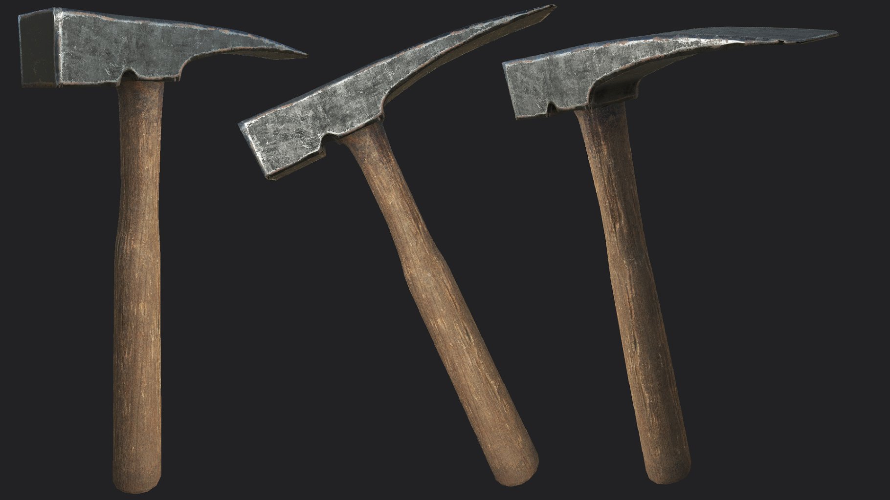 3 rock hammer pbr mockups on a dark gray background.