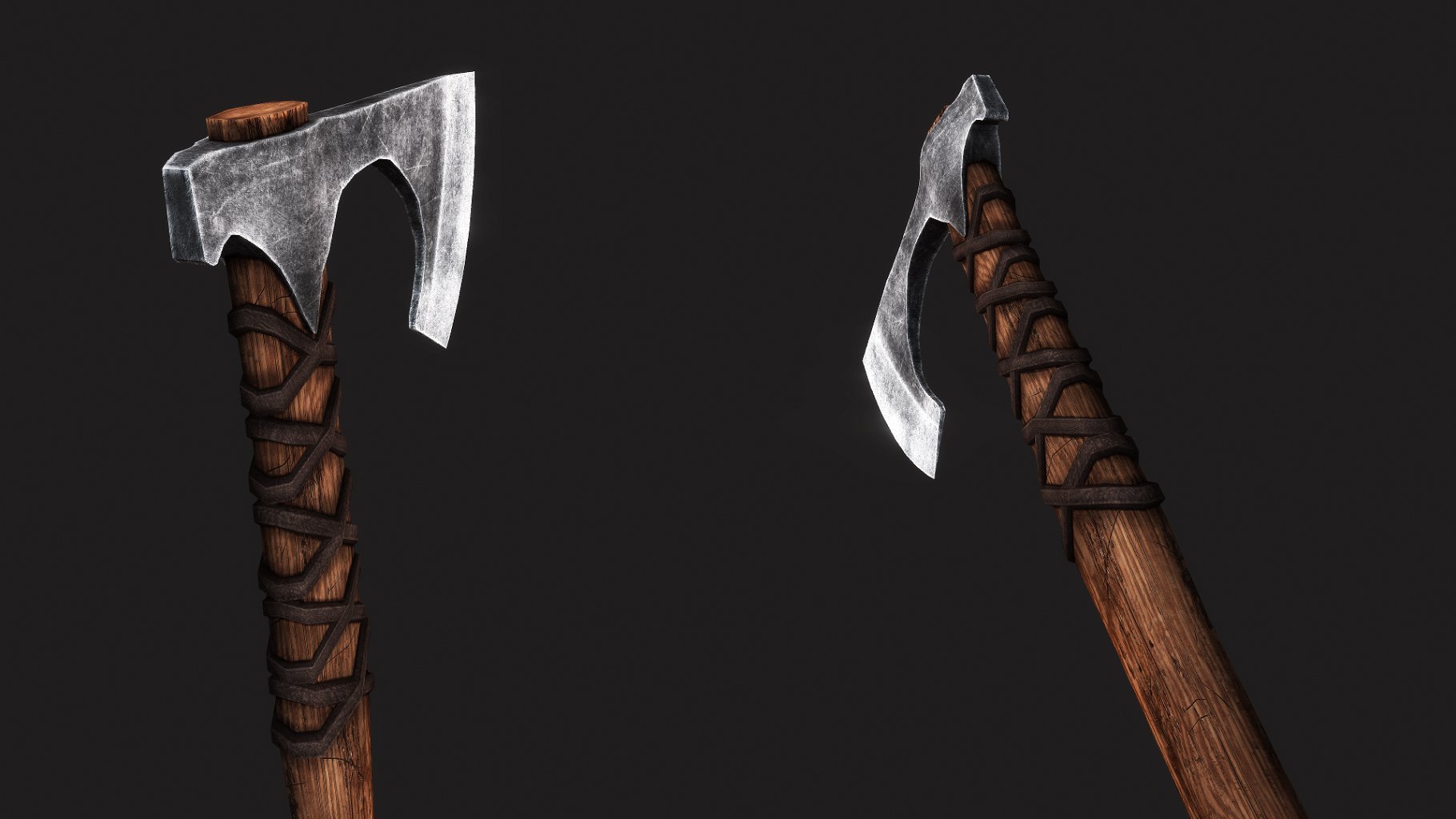 Back mockups of one handed viking battle axe on a dark gray background.