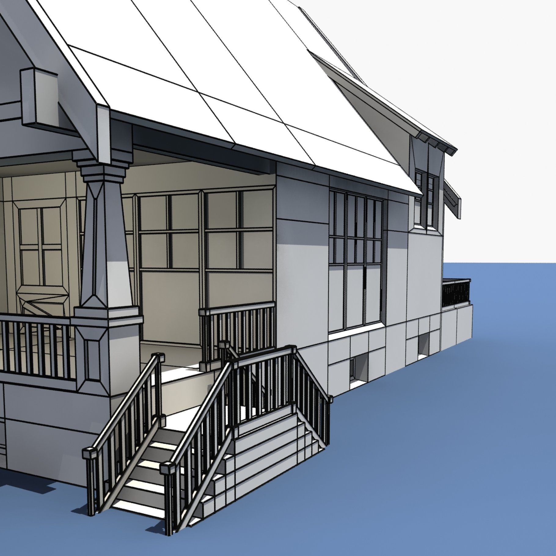 Graphic mockup of low poly house in close-up on a white and blue background.
