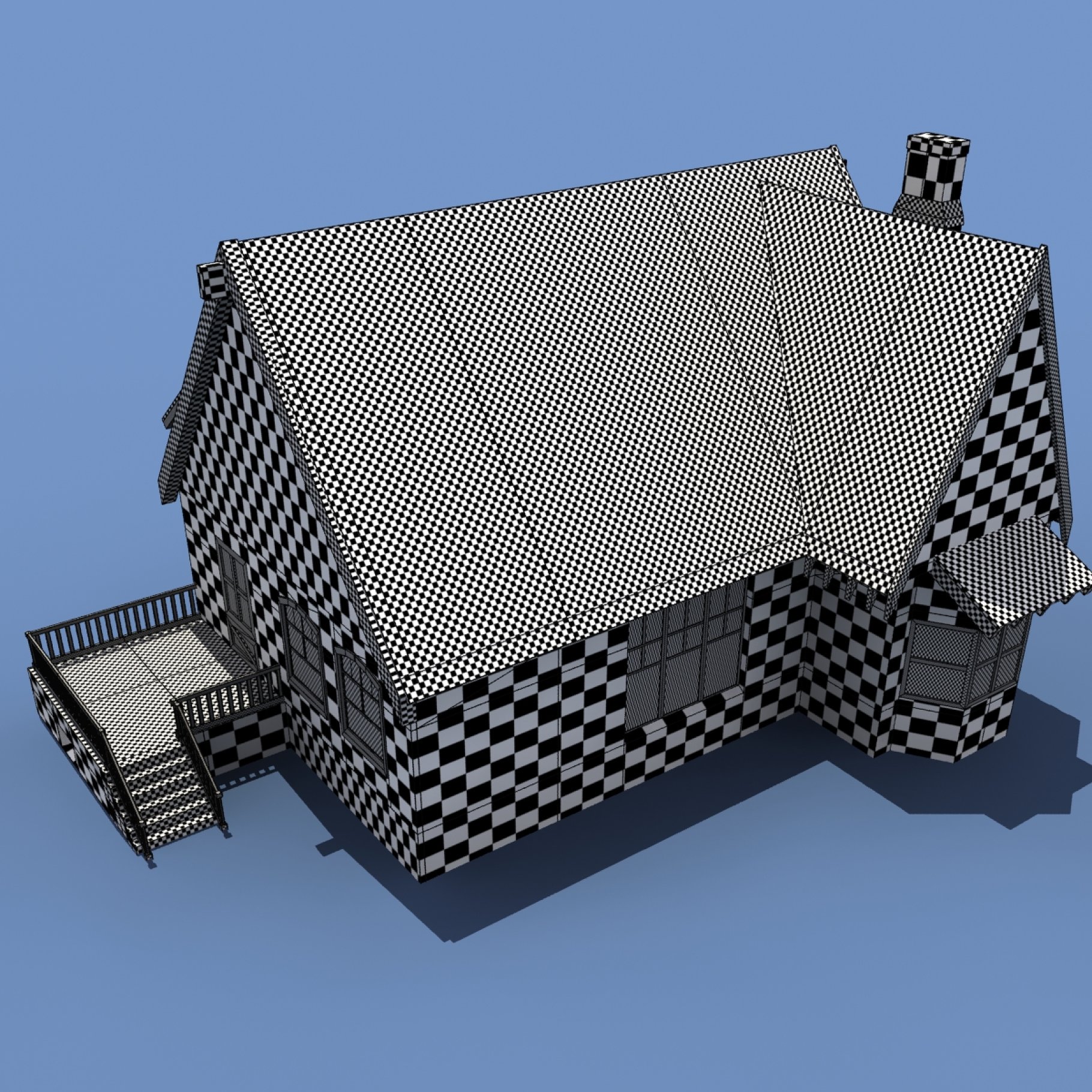 Checkered mockup of low poly house on a blue background.