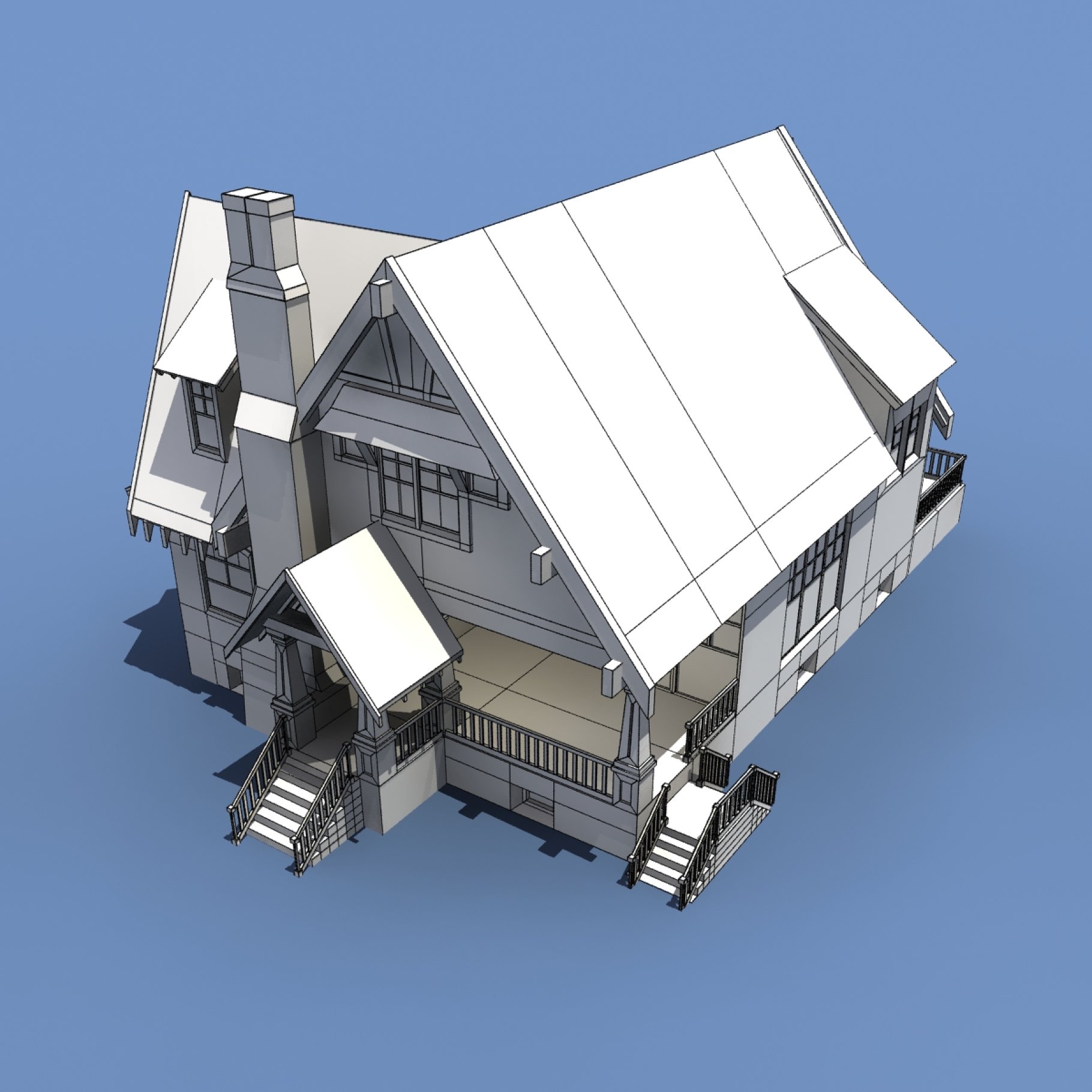 Graphic white front mockup of low poly house on a blue background.