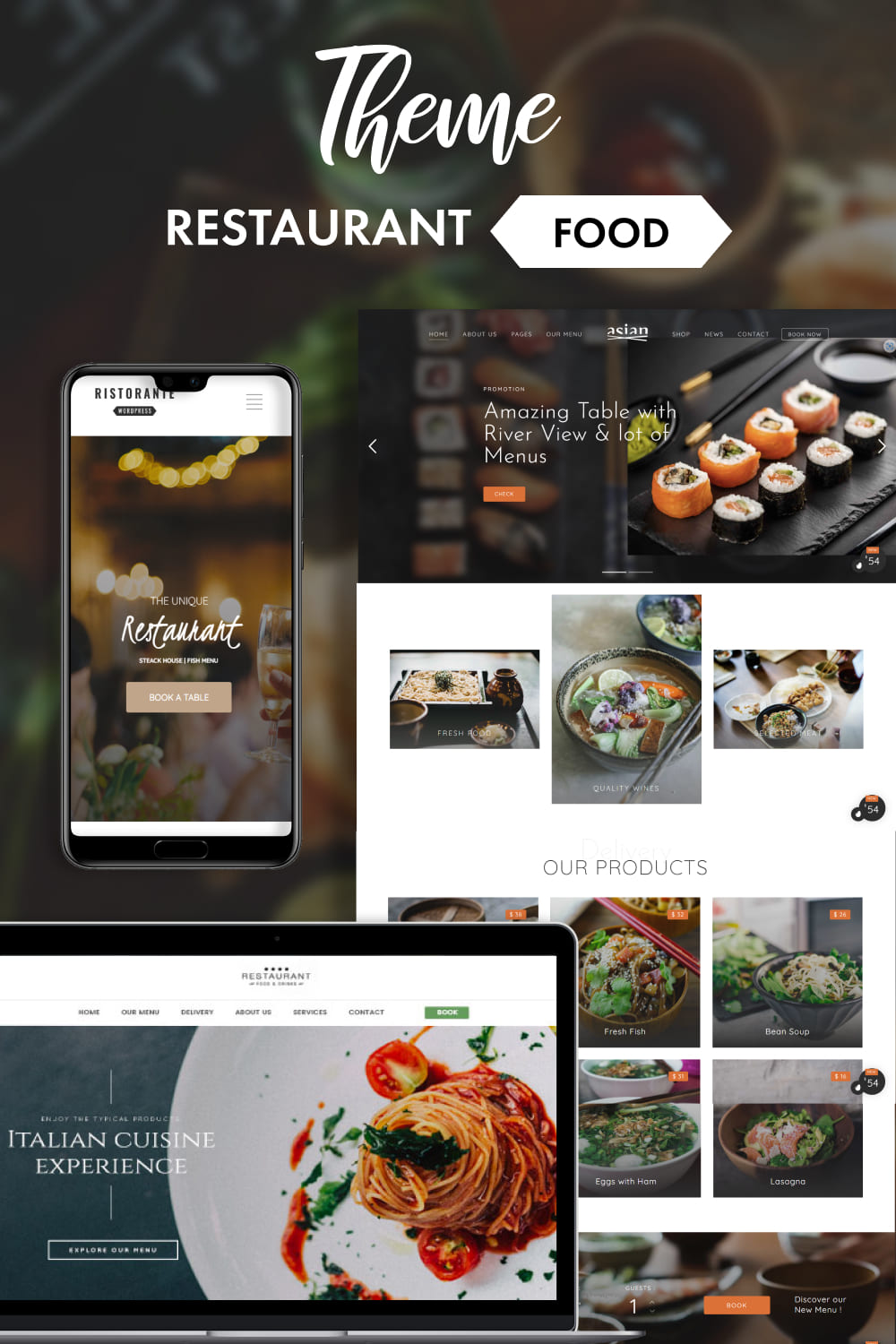 A selection of beautiful images of WordPress pages on a restaurant theme.
