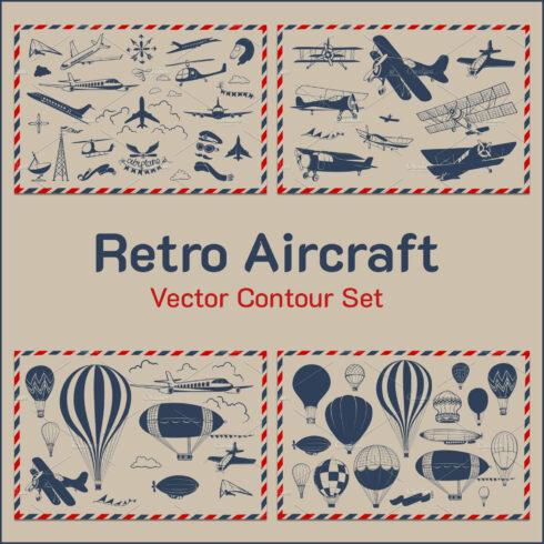 Retro Aircraft Vector Contour Set.