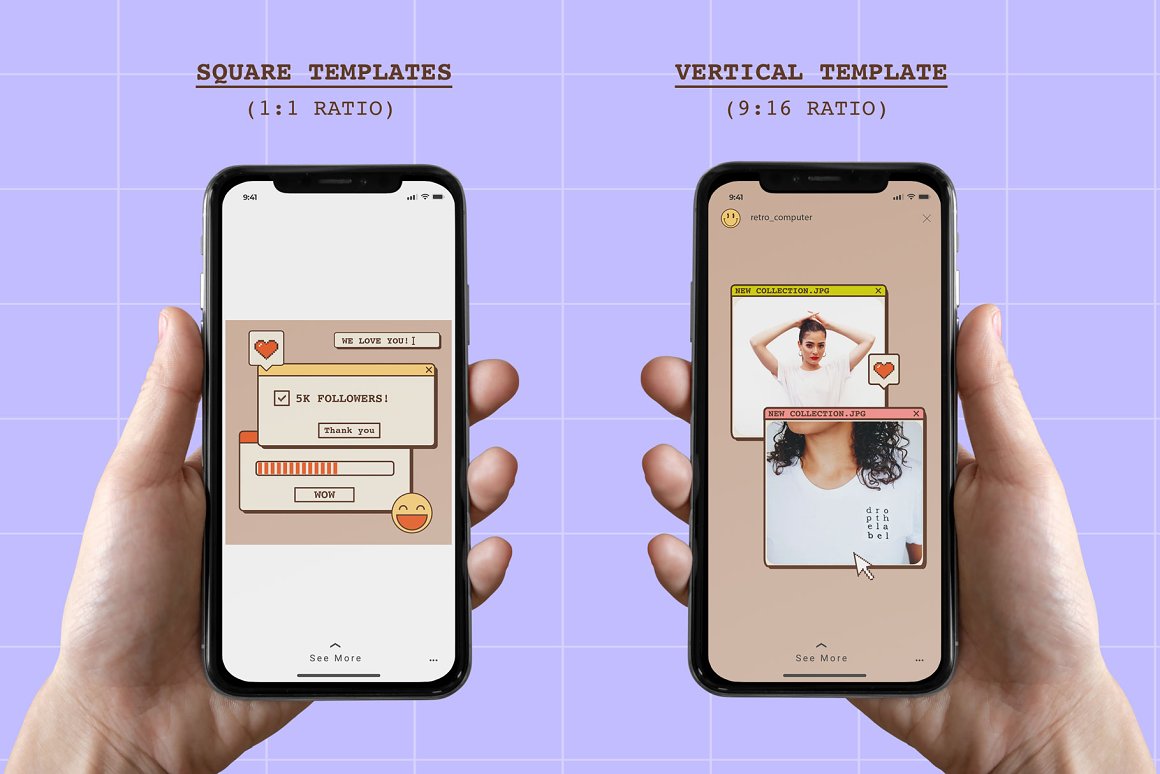 2 mockups of iphone with square and vertical Instagram templates.