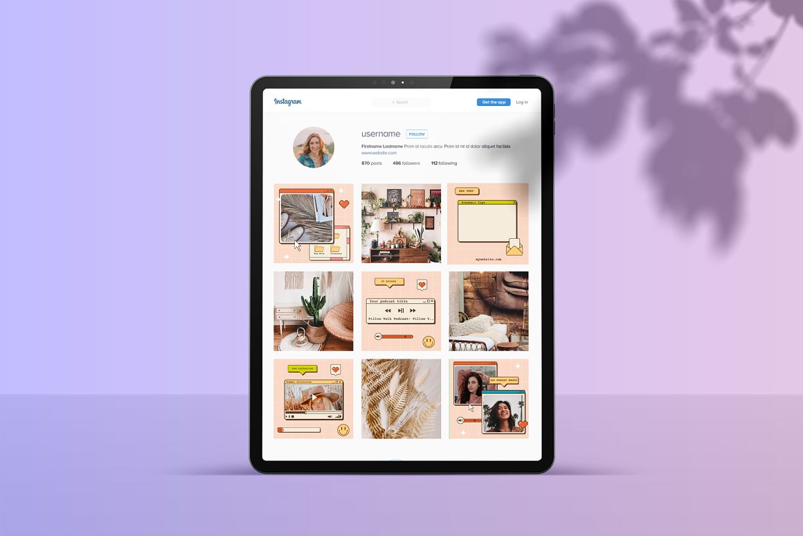 Ipad mockup with Instagram page on a purple background.
