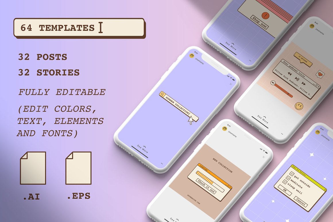 Lettering "64 templates, 32 posts and 32 stories" and iphone mockups with templates on a purple background.
