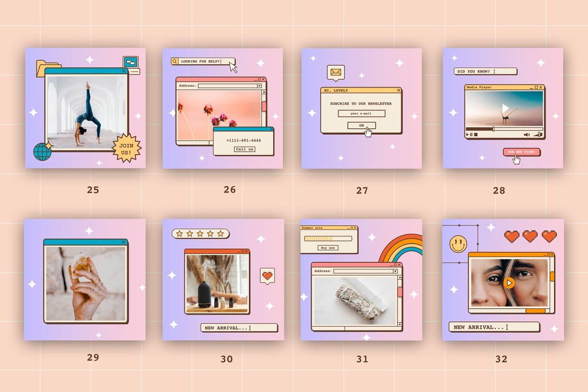 8 different Instagram post templates on a pink background.