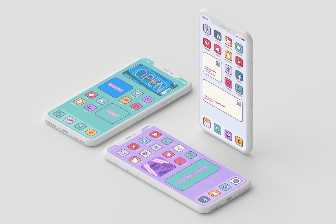 3 iphone mockups with retro interfaces on a gray background.