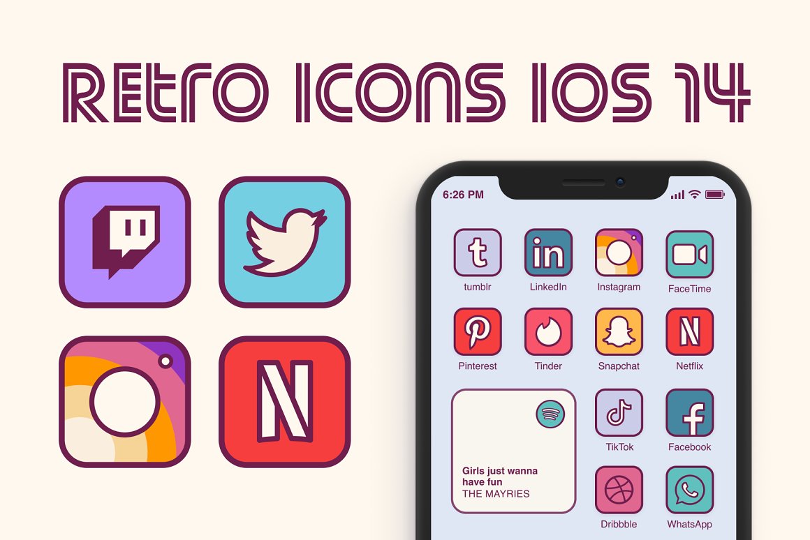 Cover with lettering "Retro Icons IOS 14" and mockup of iphone with interface and 4 icons of social media on a pink background.