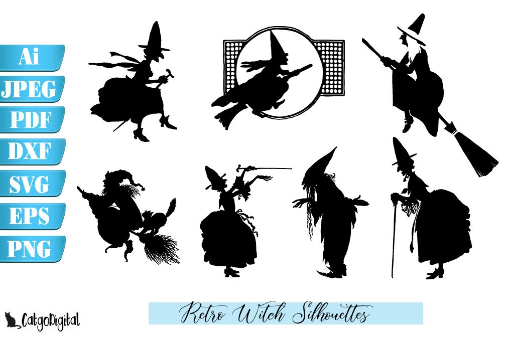 Retro Witch Silhouettes SVG PNG JPG.