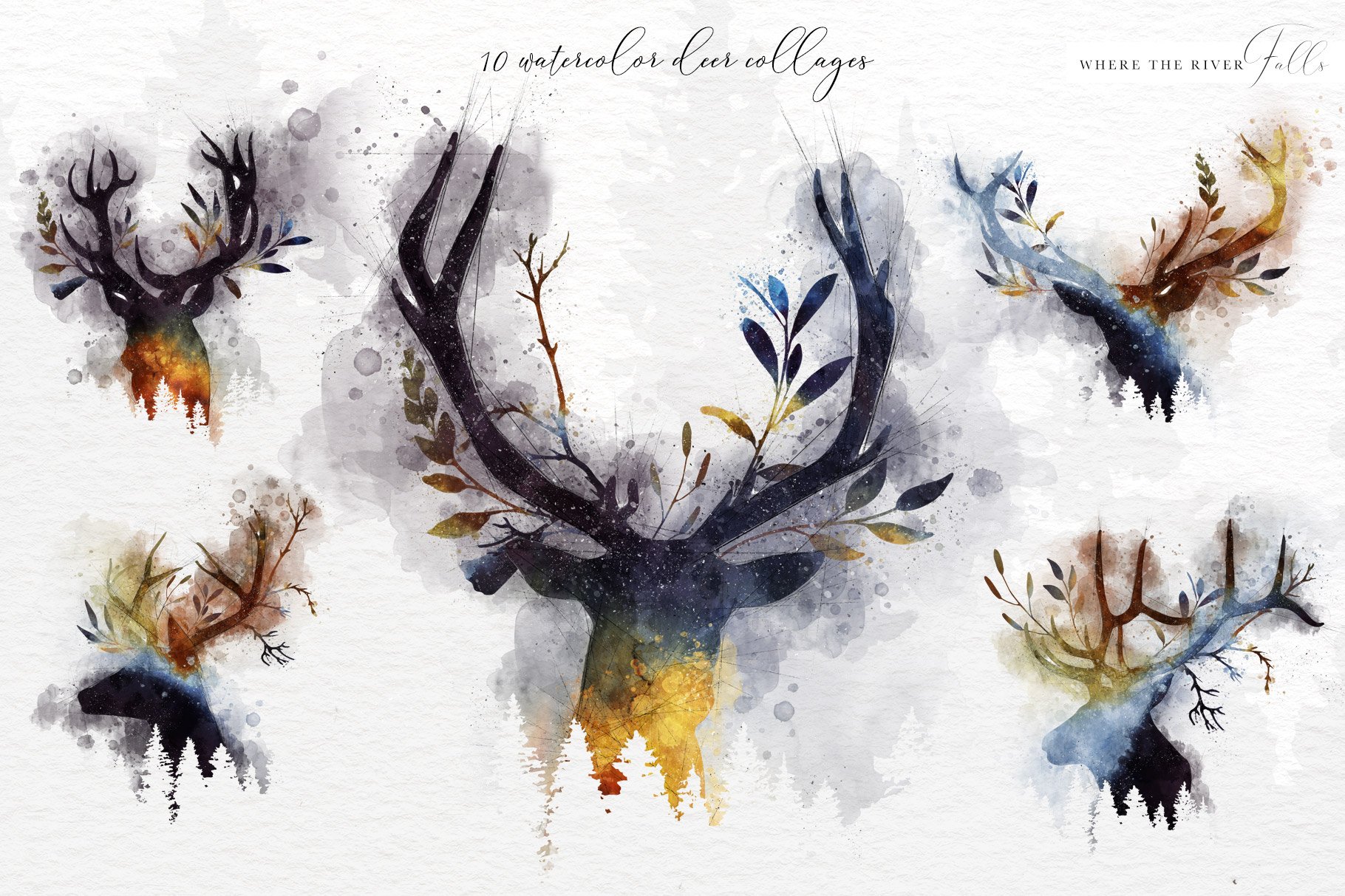 Bright and high quality watercolor deers and eagle.
