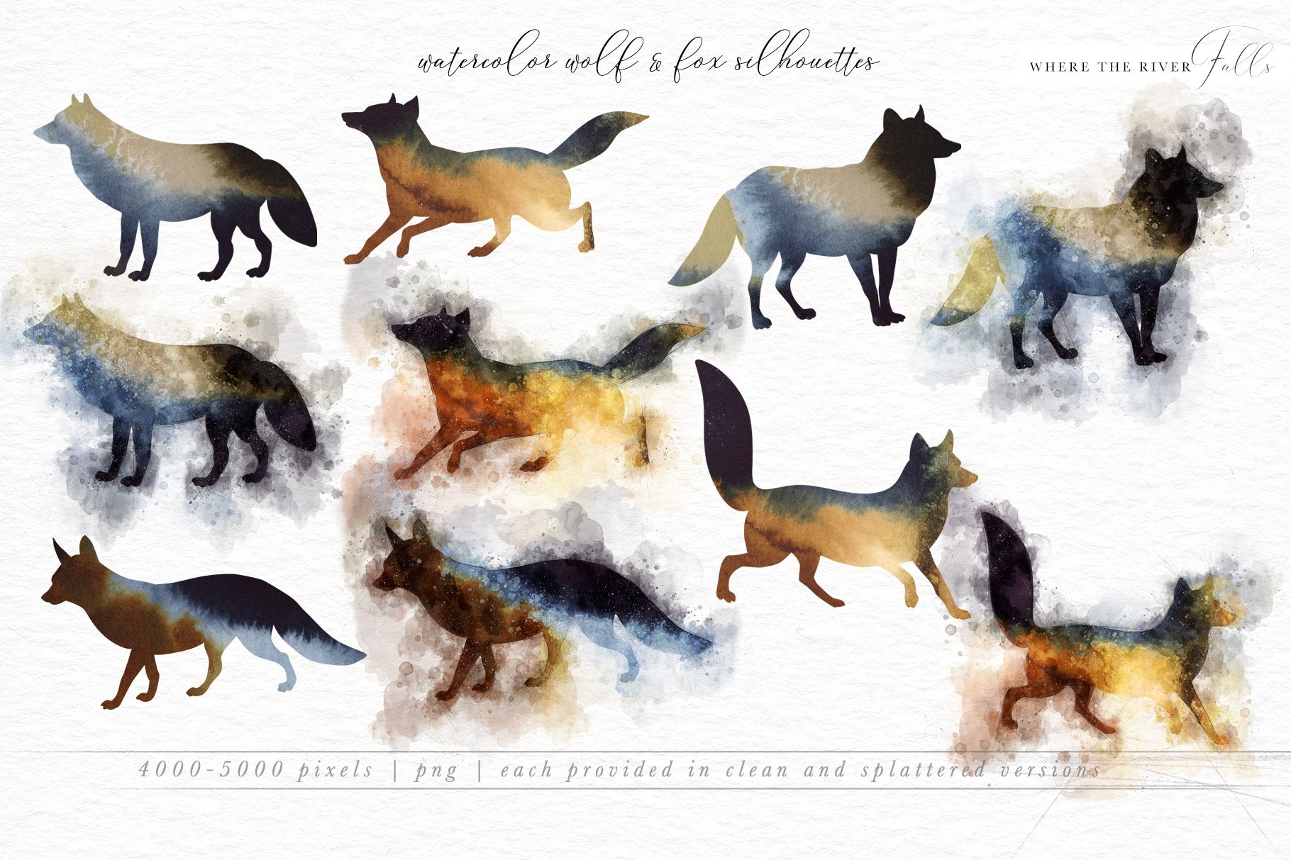 Wolf silhouettes in a watercolor.