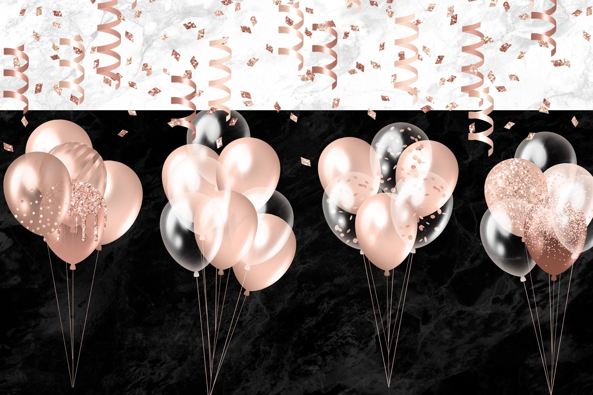 Black background with rose gold balloons.