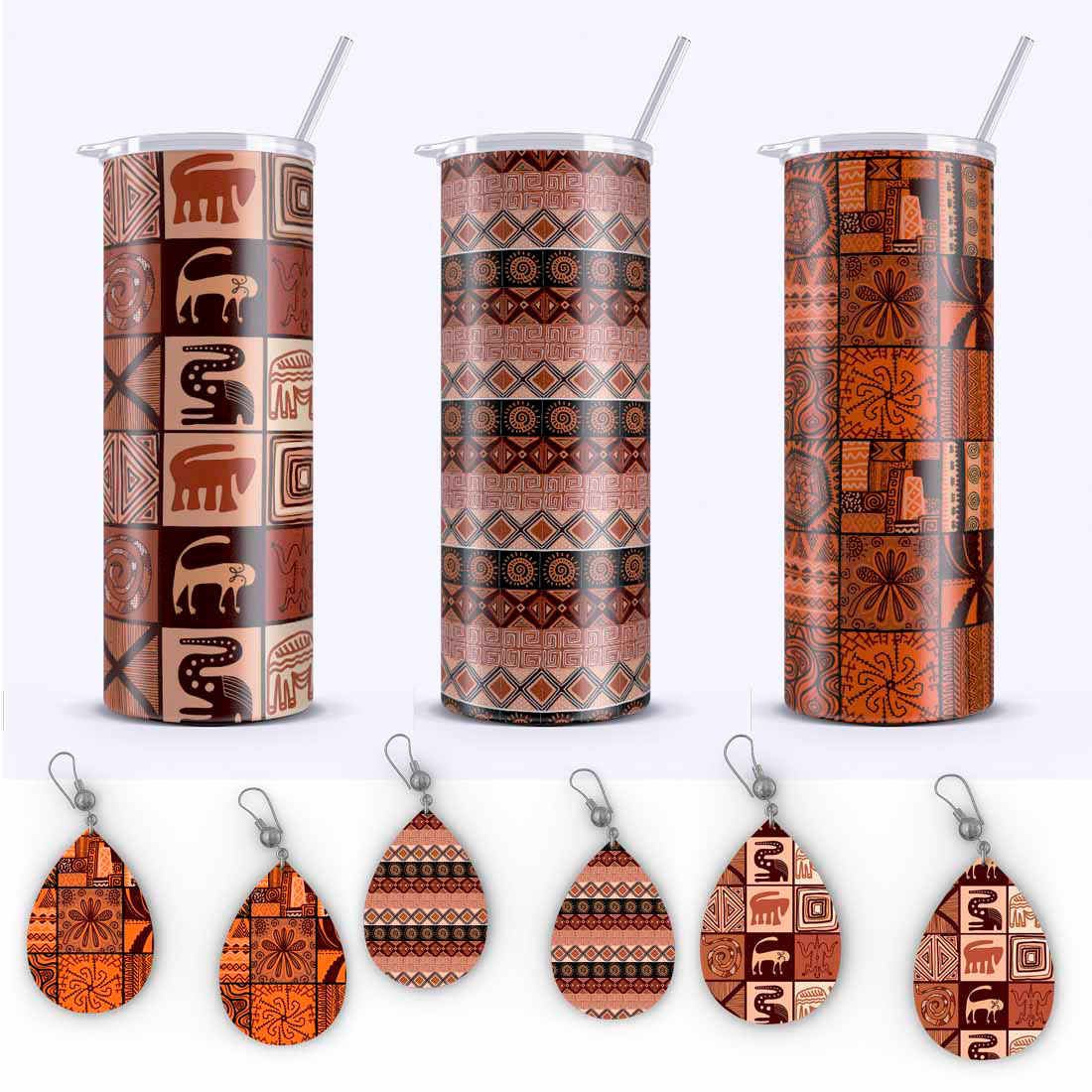 Image of crockery and earring with magnificent patterns in African style.