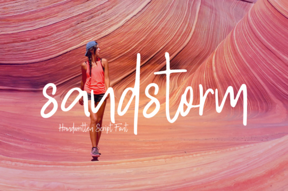 White lettering "Sandstrom" on the pink background with girl.