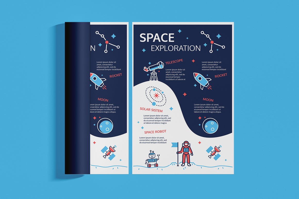 Postcard with white lettering "Space Exploration" and space icons on a blue background.