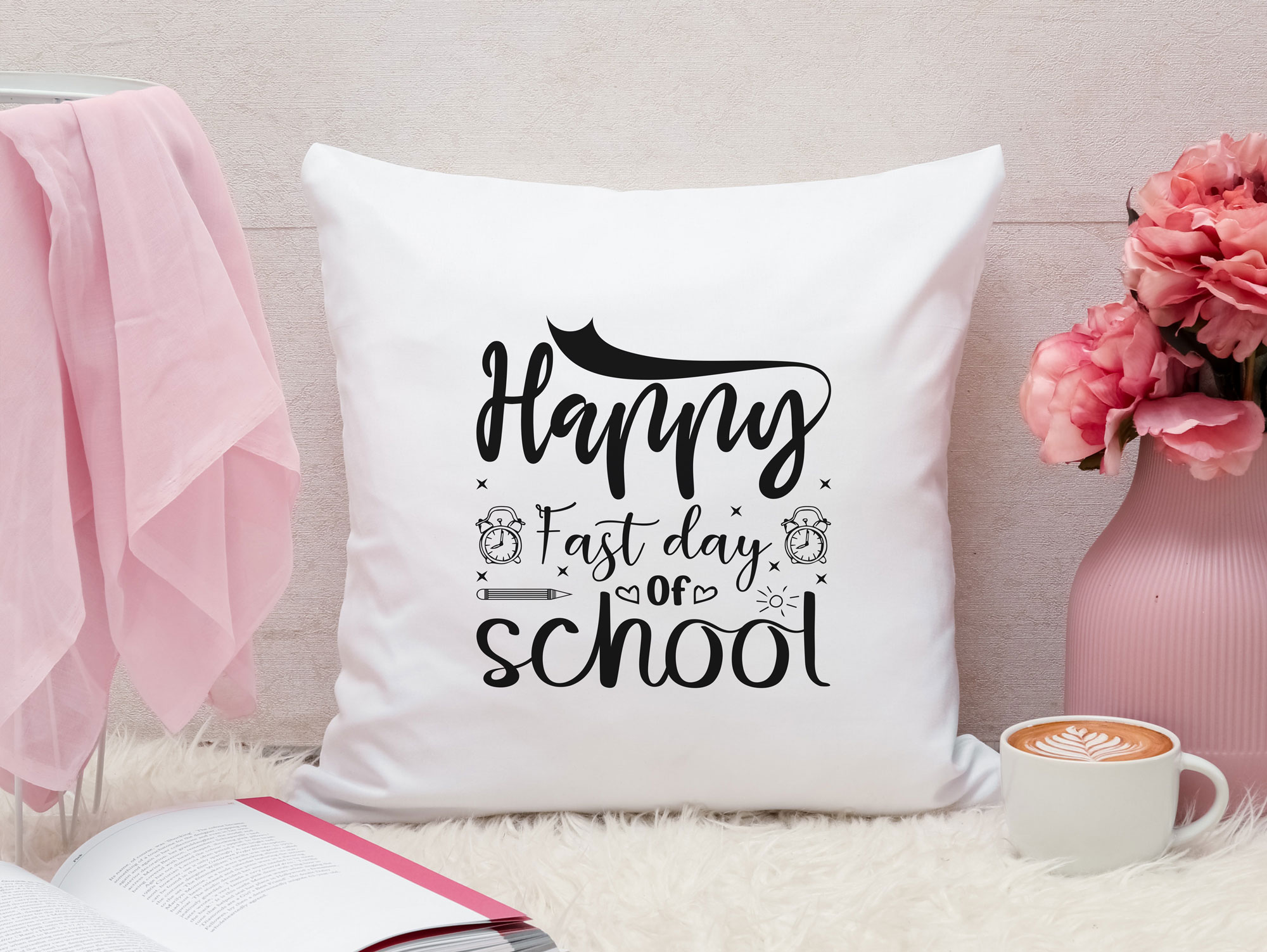Image of a white pillow with a beautiful inscription Happy fast day of school