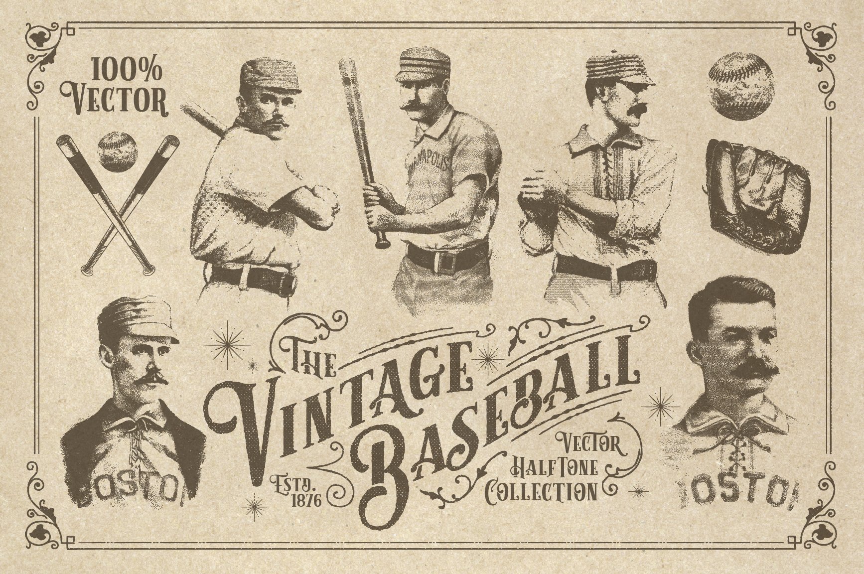 Some baseball illustrations on an old brown paper.