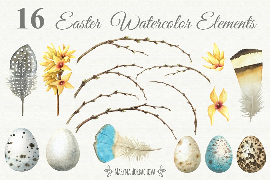 You will get 16 easter watercolor elements.