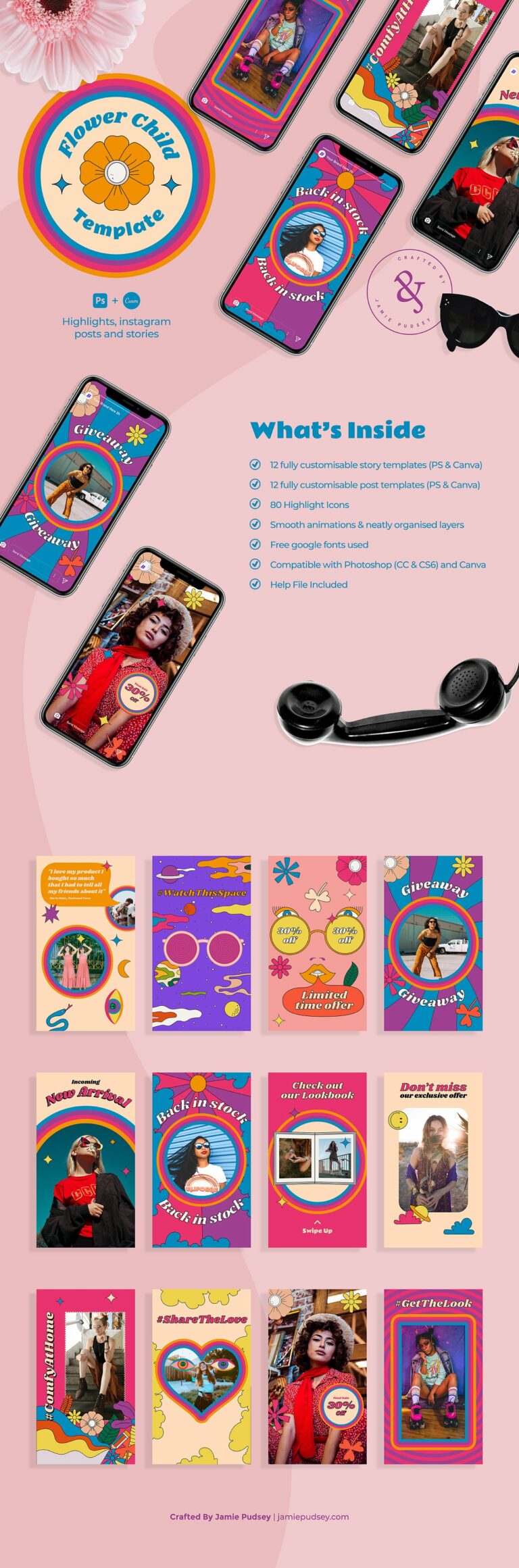 Flower Child Insta Kit PS & Canva MasterBundles