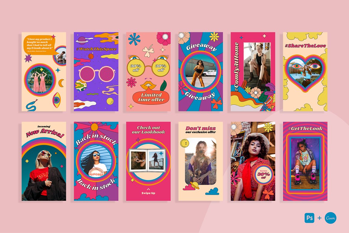 A set of 12 flower child Instagram stories templates on a pink background.