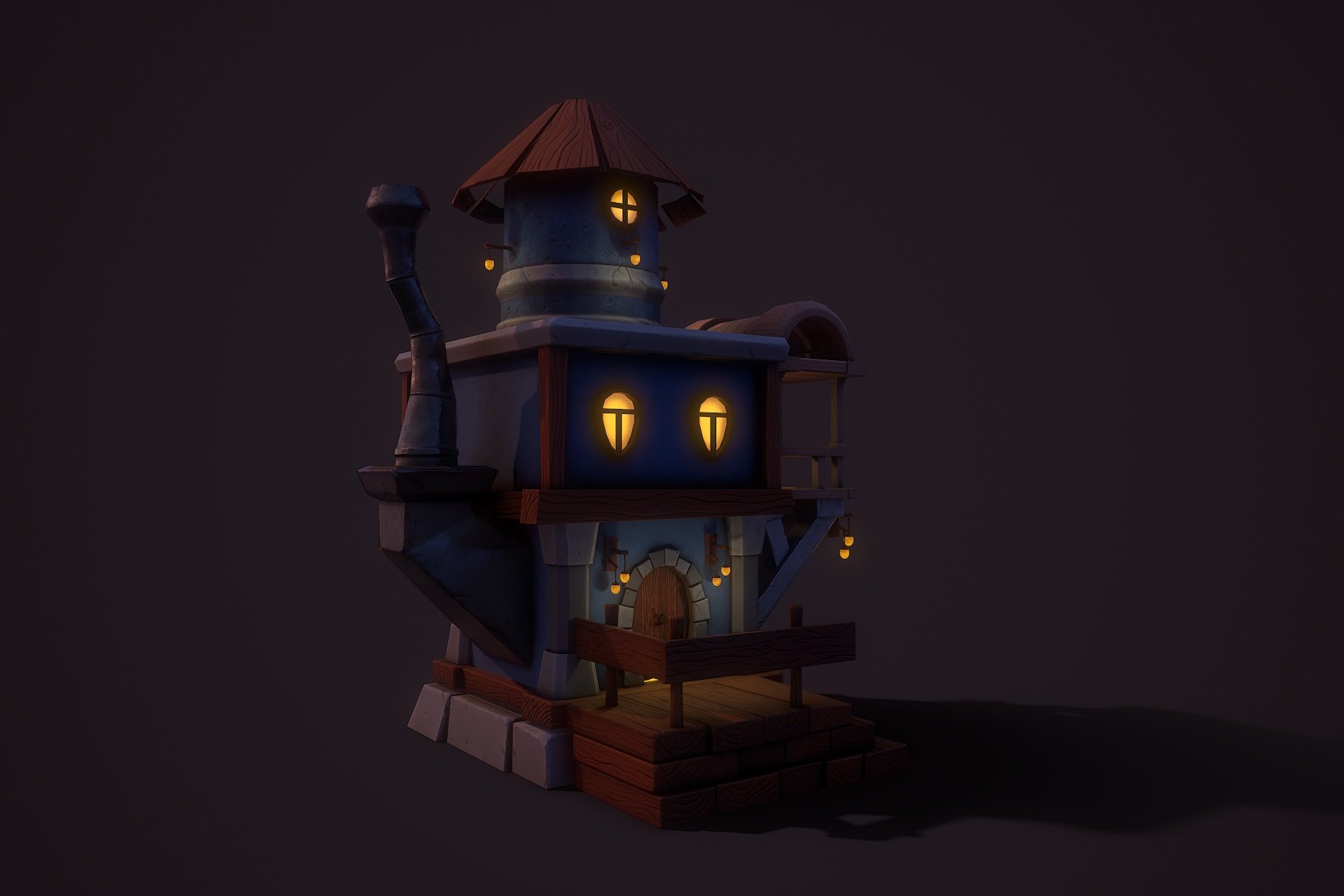 Fantasy teapot house back right mockup on a dark gray background.