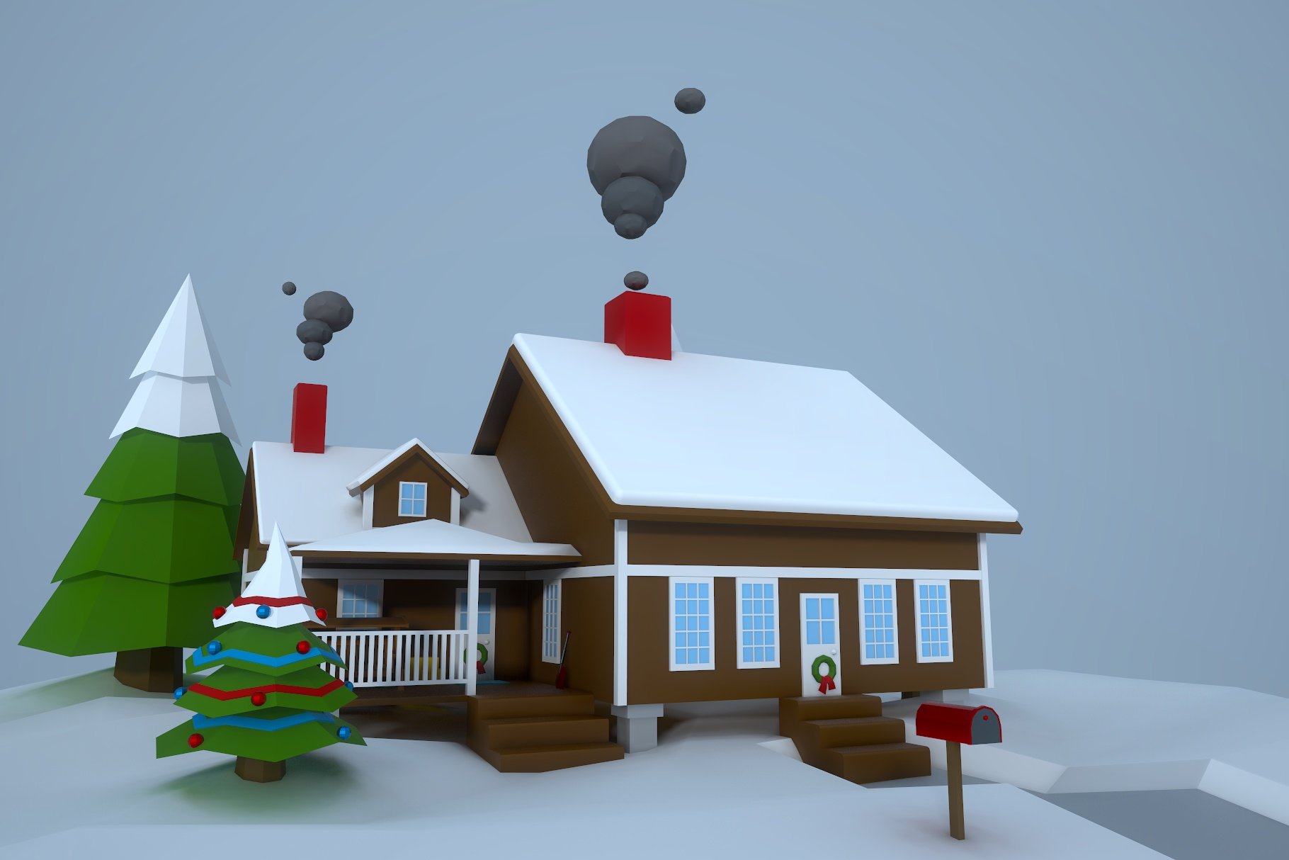 Front right mockup of winter low poly house.