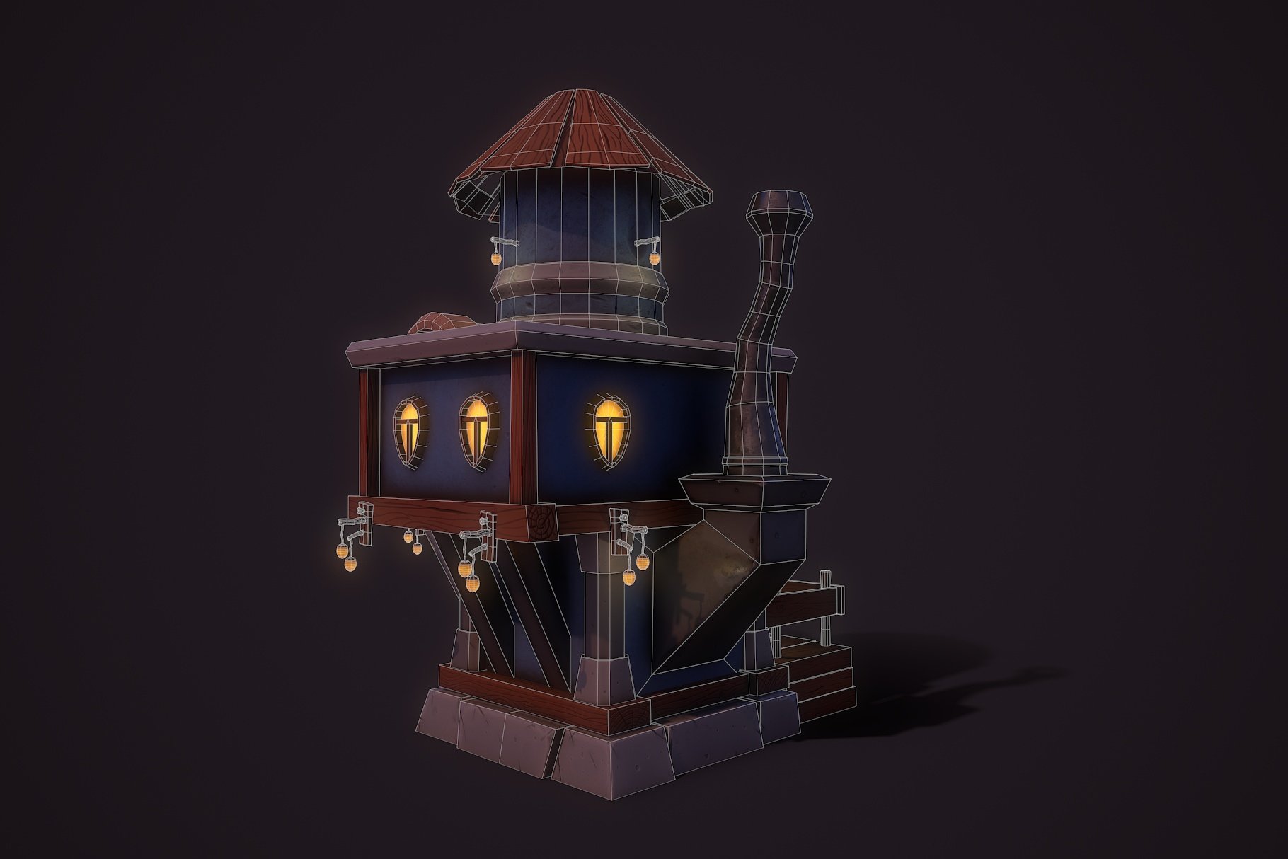 Back left graphic mockup of fantasy teapot house on a dark gray background.