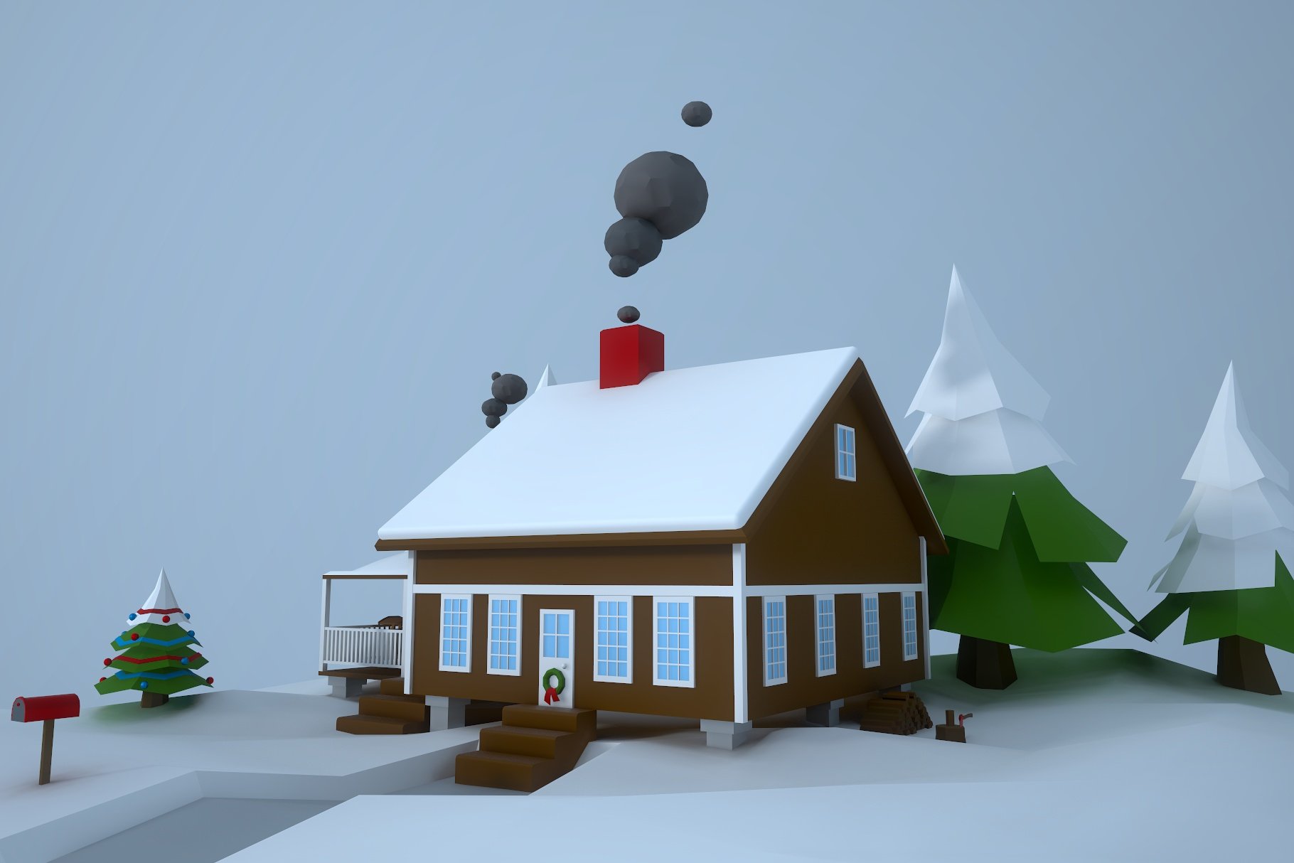 Low poly house back mockup on the left side.
