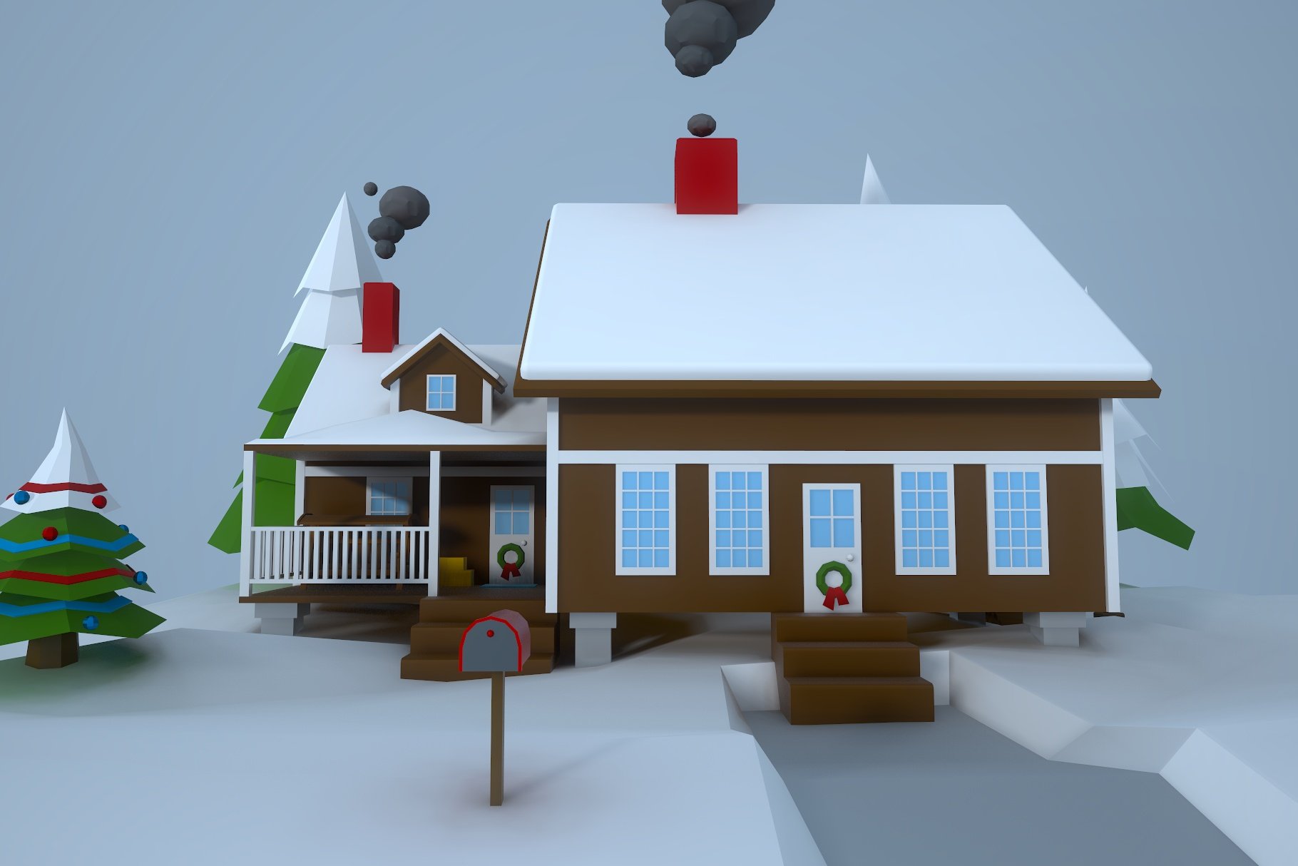 Front winter mockup of low poly house.