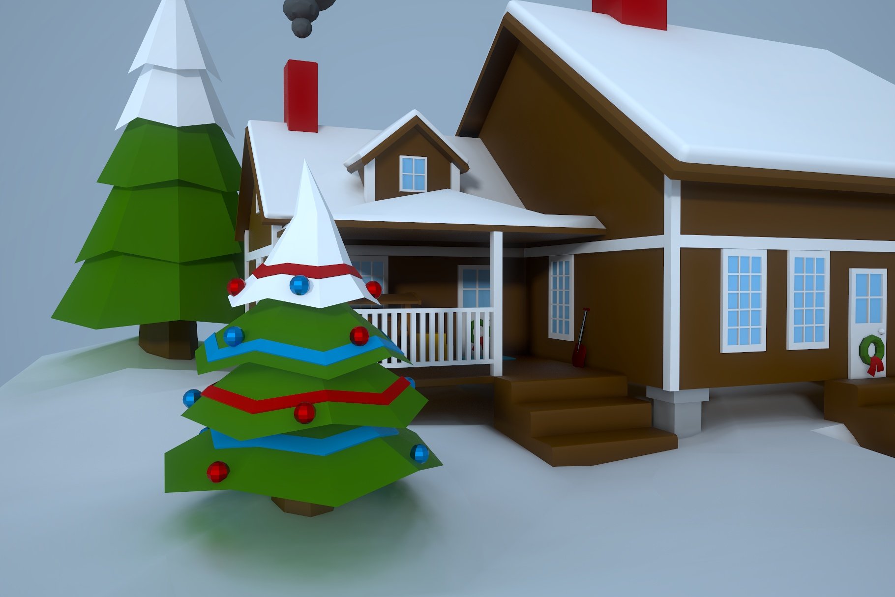 Close-up low poly house front right mockup.