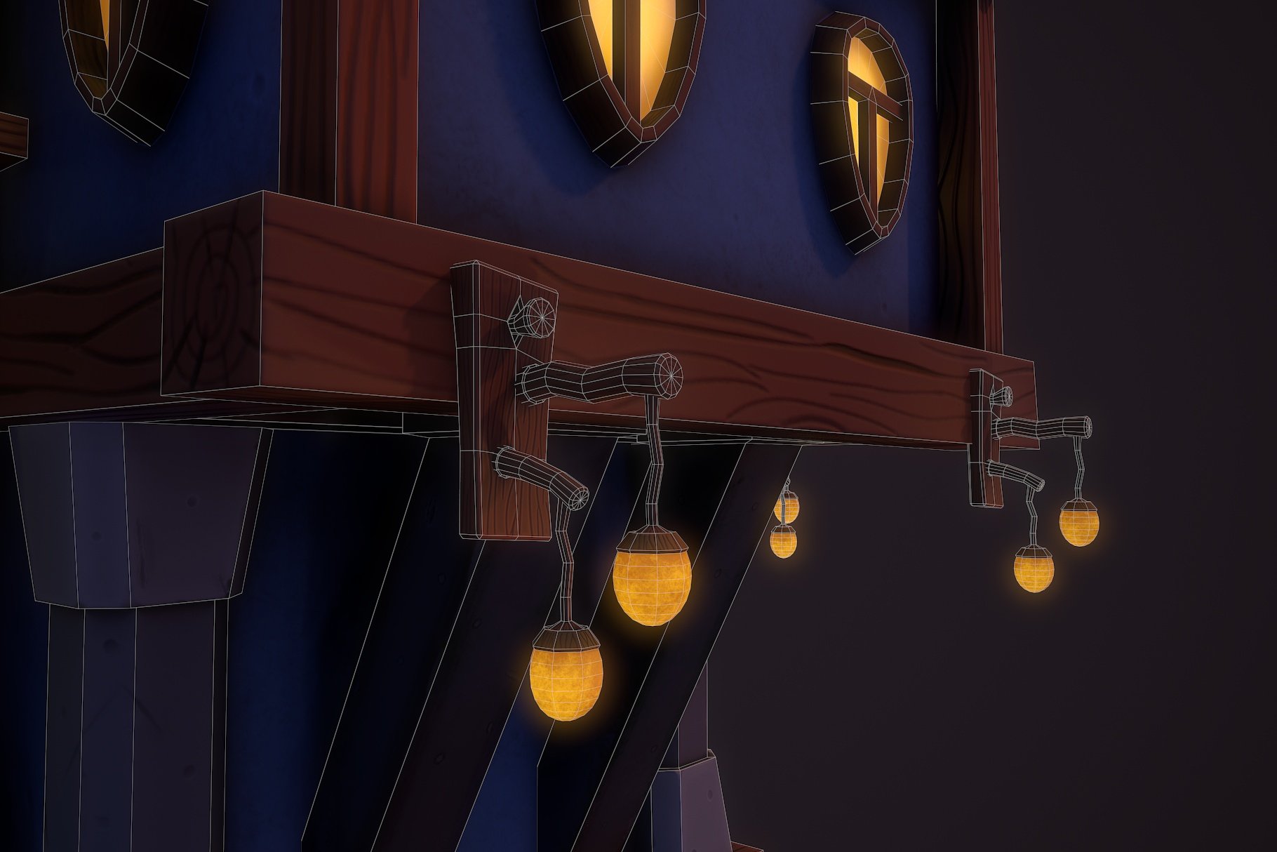 Close-up graphic mockup of fantasy teapot house lights.
