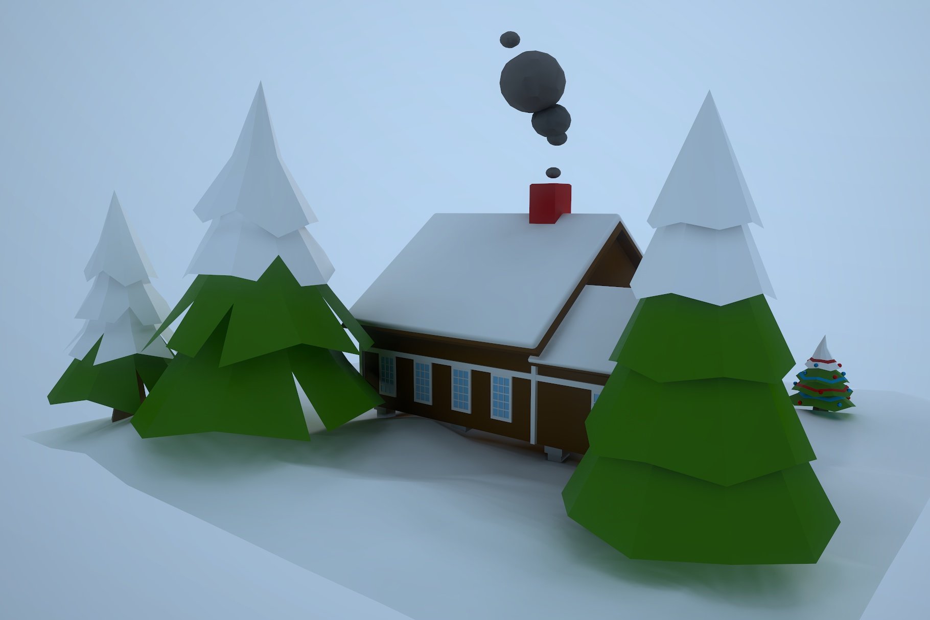 Back mockup of winter low poly house.