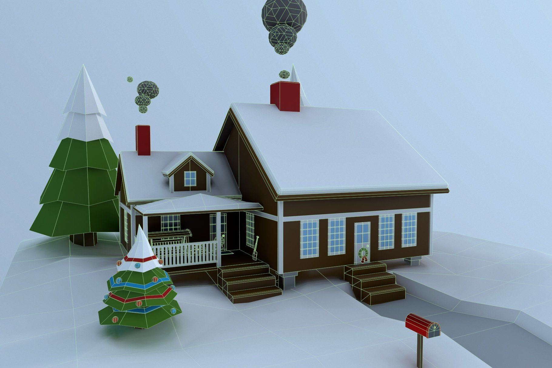 Graphic front right mockup of winter low poly house.