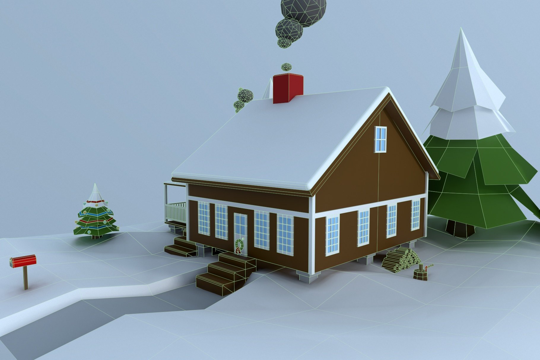 Low poly house back graphic mockup on the left side.