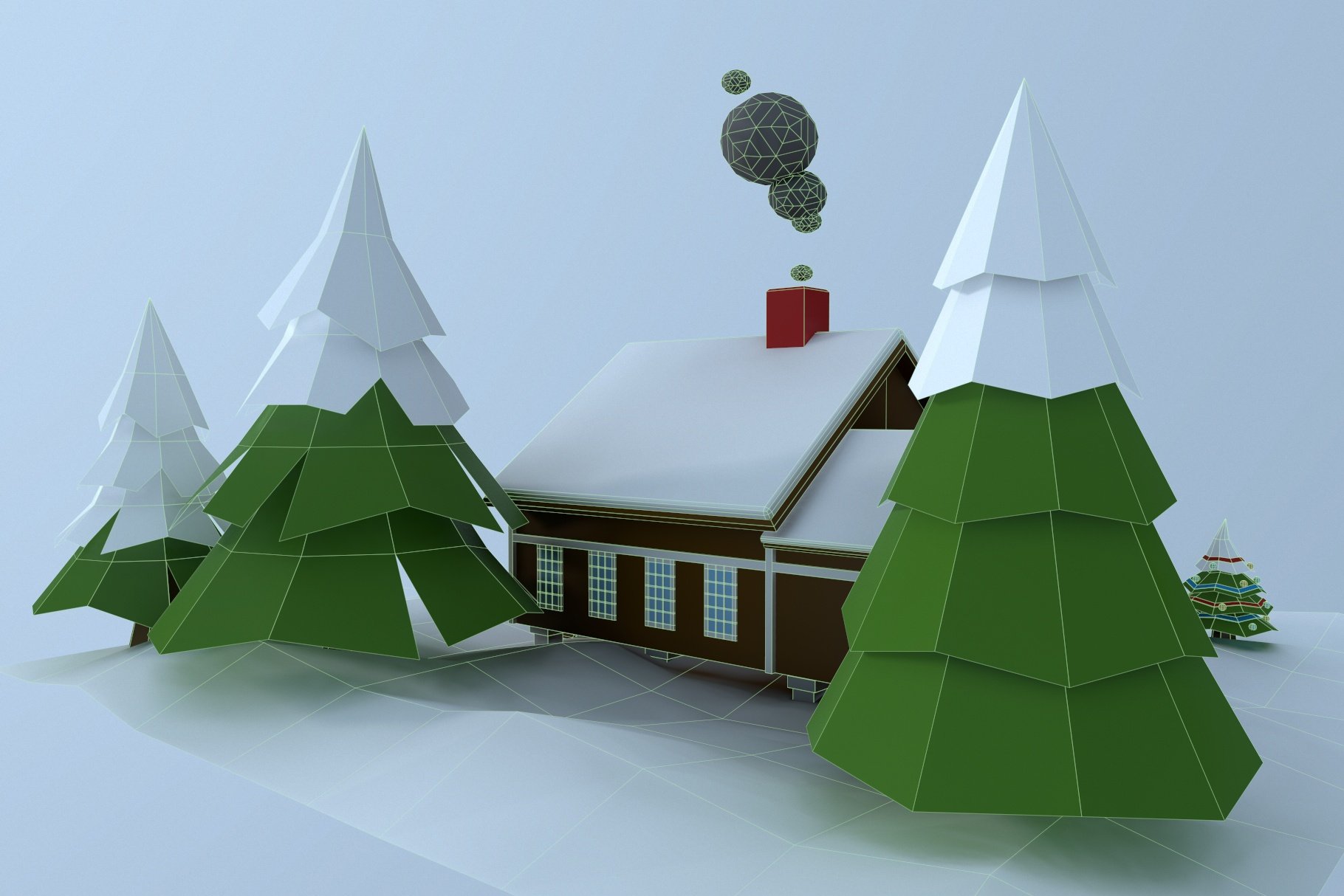 Back graphic mockup of winter low poly house.