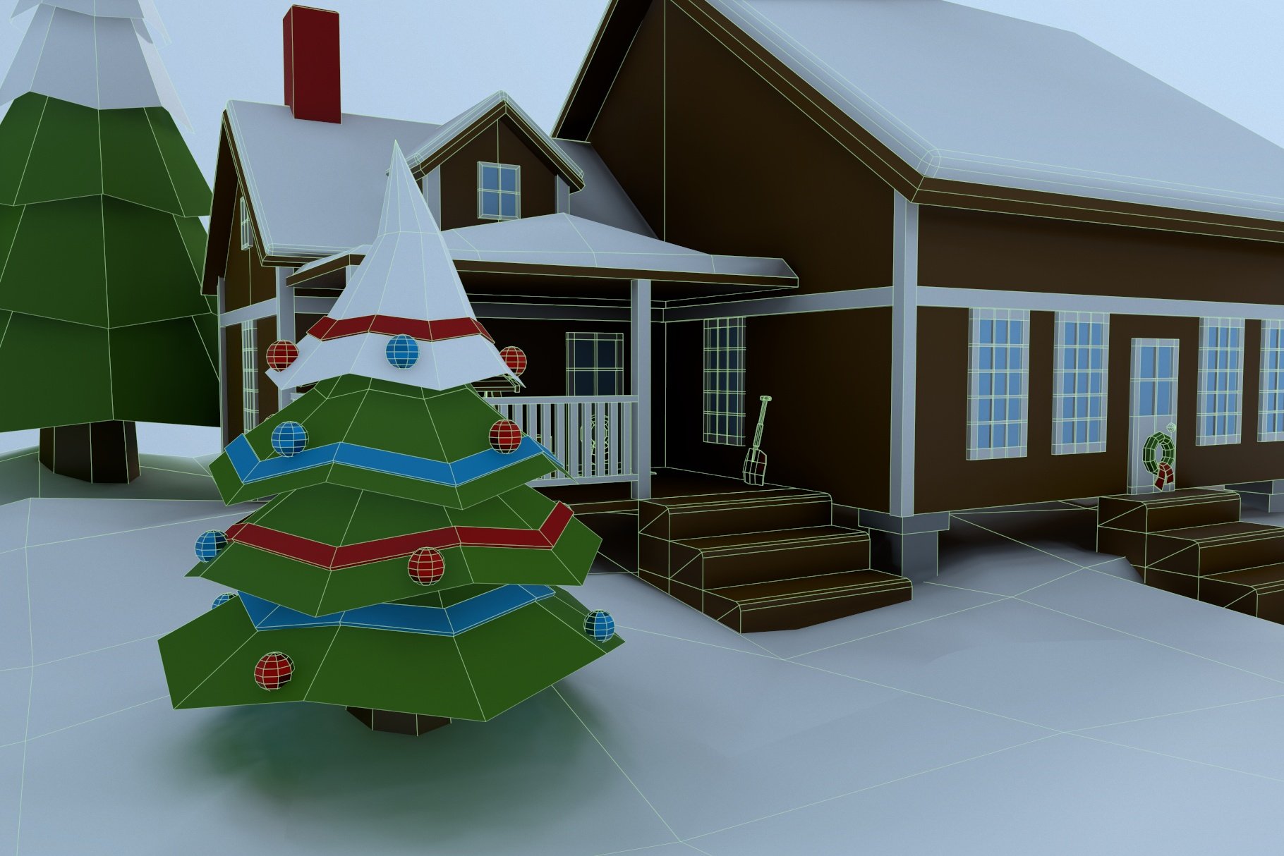 Close-up low poly house front right graphic mockup.