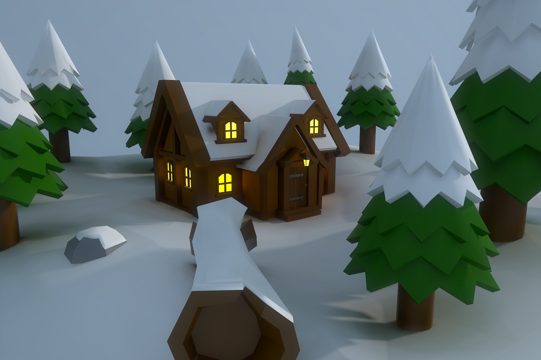 Main preview of snowy low poly hut.