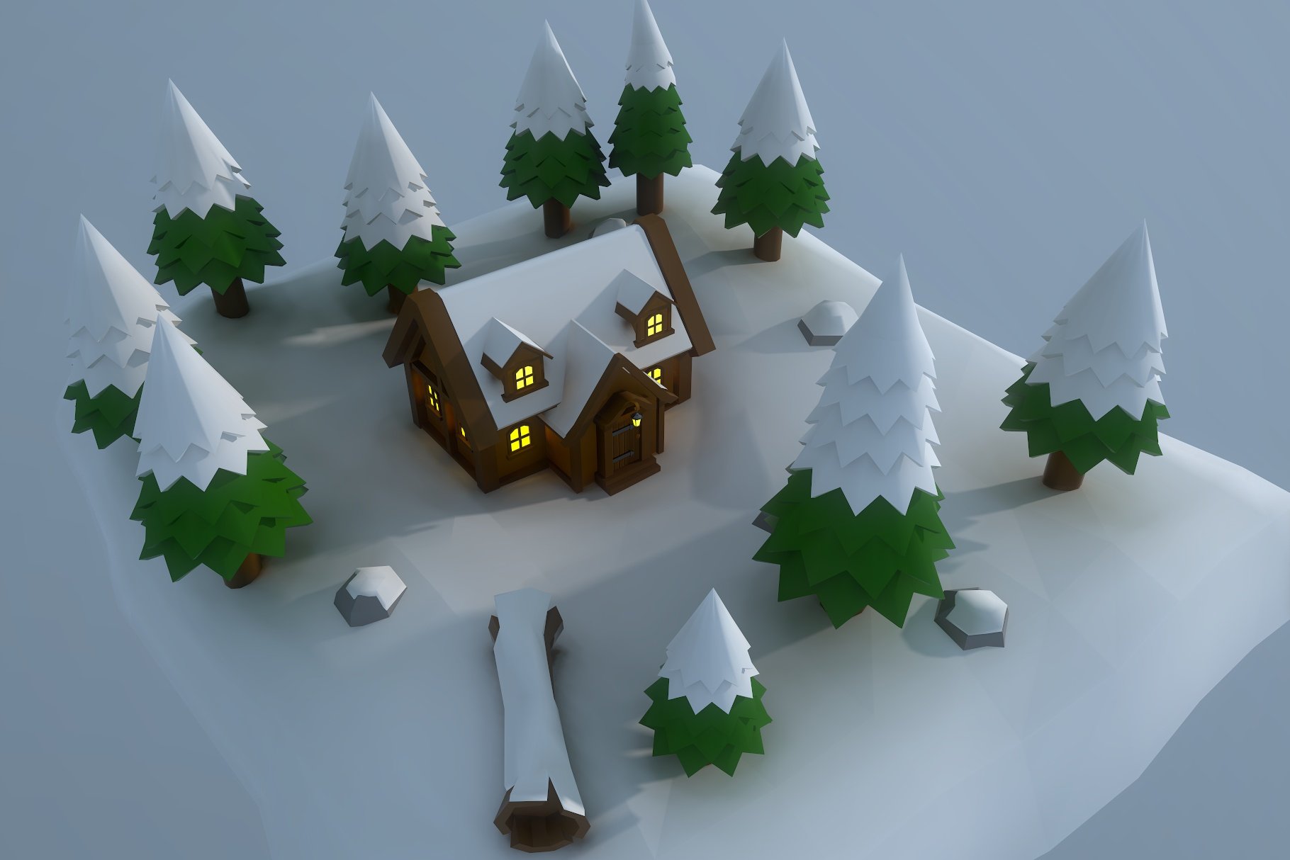 Low poly hut mockup from above.