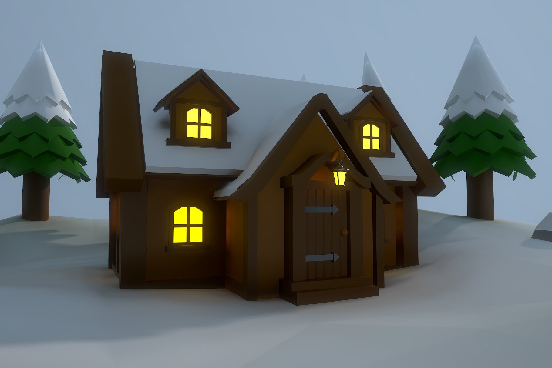 Front mockup of snowy low poly hut.